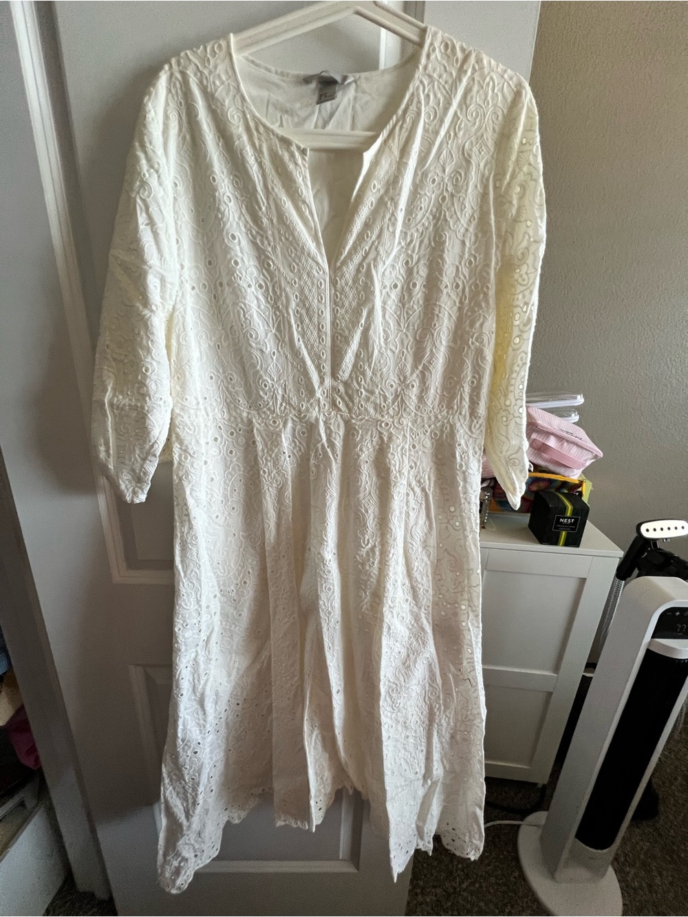 H&M Cream Eyelet Long Sleeve Midi Dress